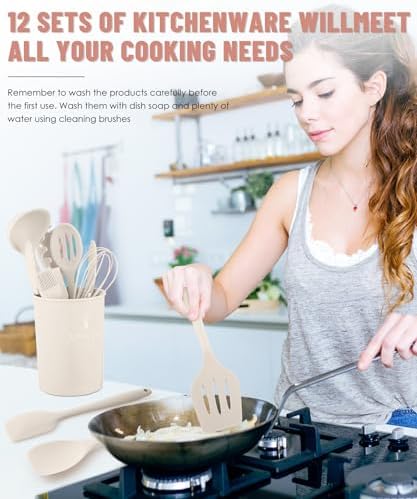 Khaki Kitchen Utensils Set-12 Pieces Silicone Cooking Utensils Set - Image 4