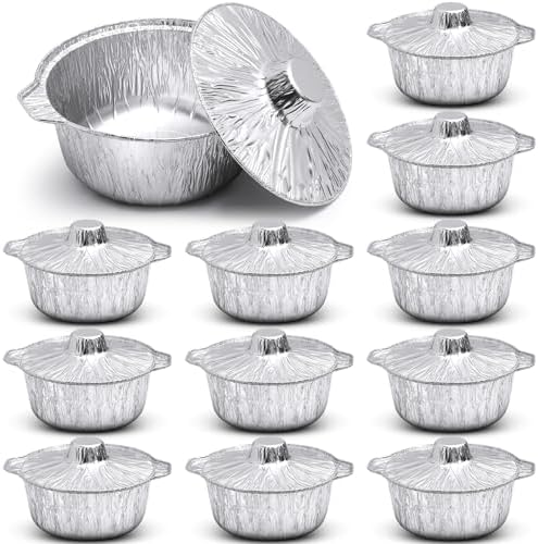 Ziliny Disposable Aluminum Pot with Lid Round Foil Pans Disposable Cookware Food Container for Vacation Trips Camping Baking Heating Cooking(12 Pcs,74.4 oz) by Ziliny