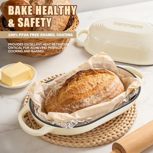 Enameled Cast Iron Dutch Oven for Bread Baking - incl. Sourdough Bread-Baking Supplies like Banneton Bread-Proofing Basket - 5QT Loaf Cast Iron Bread Oven Pan& Meatloaf Pan with Lid, Sour Sough Tools, Lame (Cream White） - Image 3