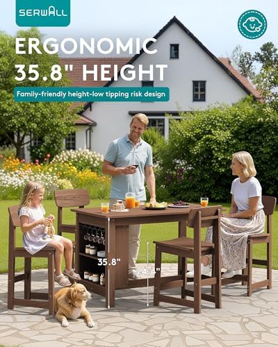 SERWALL 8-Piece Outdoor HDPE Counter-Height Bar Dining Set for 6, Brown - Image 4