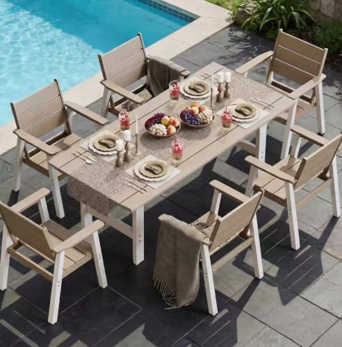 Outdoor Dining Set,7-Piece Patio Table and Chairs Set for 6, HDPE Outdoor Dining Table and Chairs with Umbrella Hole, All-Weather Patio Dining Furniture Set,White Brown by Polyhouz
