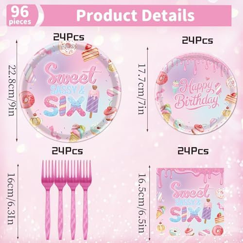 Sweet Sassy Six Birthday Tableware Plates Napkins Party Decor 96PCS - Image 2