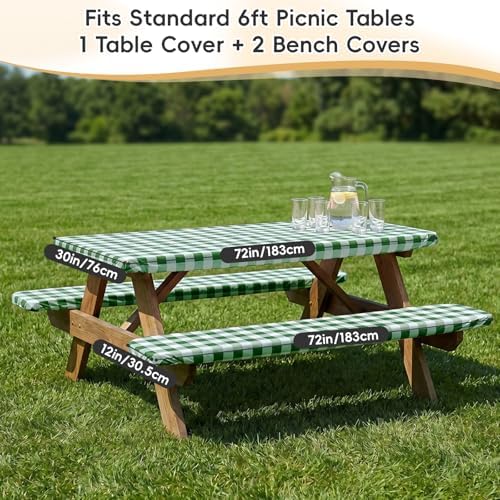 SquarePie 6FT Picnic Table Cover with Bench Covers, 3 Pack, Green Checkered - Image 4