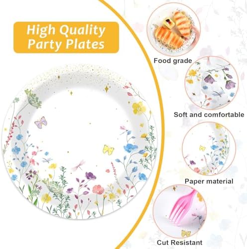 OBUSATT 100 Pcs Wildflower Paper Plates and Napkins Party Supplies Wildflower Party Decorations Floral Wildflower Disposable Plates Set for Summer Spring Birthday Baby Shower Wedding, Serve 25 Guests - Image 3
