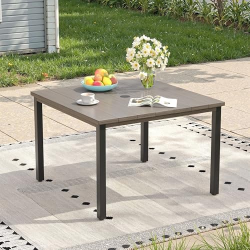 Outdoor Dining Table with Adjustable Umbrella Hole, 40.2" All-Weather Square Patio Dining Table for 4, Metal Patio Table for Garden Lawn Porch Deck Yard, Grey by ProvideOutdoorSolutions