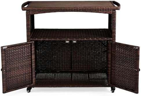 VINGLI Wicker Outdoor Bar Cart with Storage & Rolling Wheels, Patio Bar Table w/Shelf, Outdoor Storage Cabinet Buffet Cabinet Grill Cart for BBQ Pool Patio Kitchen, Brown - Image 7