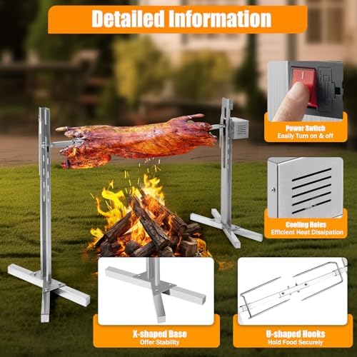 Electric Rotisserie Grill Kit, 110V Pig Spit Rotisserie Grill with 25W Motor, 88.18lbs Load Capacity, Adjustable Height Stainless Steel Spit Roaster Stand for Barbecue (Silver) - Image 7