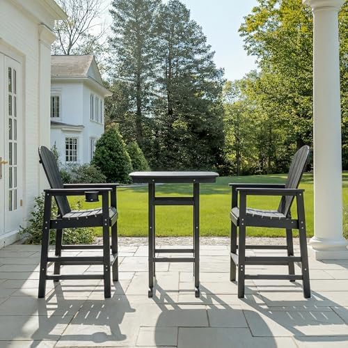 3-Piece HDPE Bar Height Table and Chairs Set, 42.1" Square High Top Pub Table with Umbrella Hole, 2 Adirondack Charis with Cup Holders, Outdoor Patio Dining Set for Bistro Backyard Deck Black - Image 4