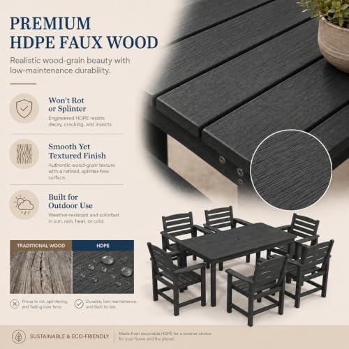 7 Pcs Outdoor Patio Dining Set, HDPE Table & Chairs with Umbrella Hole - Image 6