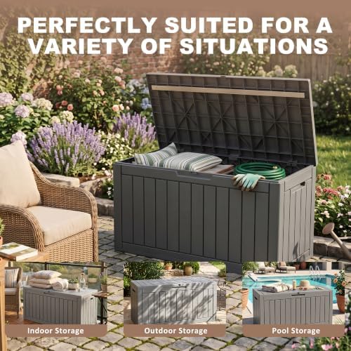 110 Gallon Deck Box, Lockable Waterproof Resin Outdoor Storage Box, Weatherproof Container for Garden Tools, Indoor Cushions & Outside Accessories (Grey) - Image 7