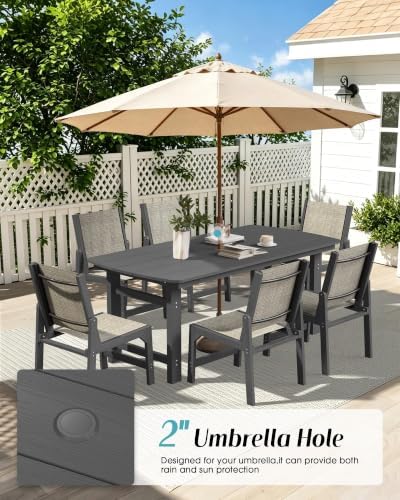 Ciokea HDPE Outdoor Dining Set, Patio Table and 6 Stackable Chairs, Grey - Image 4