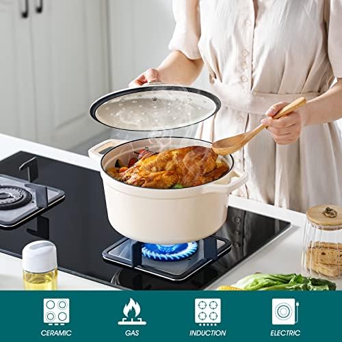vancasso 6 Qt Round Enameled Cast Iron Dutch Oven with Lid & Handles, Cream - Image 3