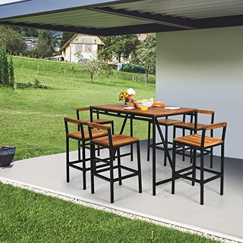 HAPPYGRILL 7 Piece Patio Bar Table Set with Umbrella Hole Acacia Wood High-Dining Bistro Set with 6 Bar Stools, PE Wicker Outdoor Bar Set for Backyard Patio and Poolside - Image 2