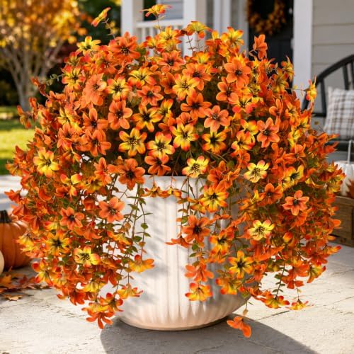 Artificial Hanging Fall Flowers for Outdoors, 2 Pcs Fake Mums Plants by ZFProcessArtificialFlowers