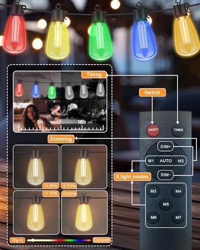 98FT Outdoor String Lights with Remote - Multicolor & Warm White, 8 Light Modes Timer Waterproof Patio Lights Plug In Dimmable String Lights Shatterproof for Outside Porch Backyard Party - Image 2