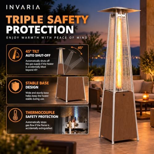INVARIA Pyramid Patio Heater, 48,000 BTU Propane Outdoor Heater with Glass Tube Flame, ETL Certified, Triple Safety Protection, Wheels & Cover Included for Patio Backyard Poolside (Brown) - Image 5