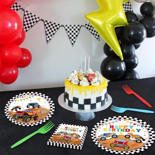 96 Pieces Monster Truck Birthday Tableware Set – Race Car Theme Disposable Plates, Napkins, and Forks for Kids Birthday Party or Racing Event, Serves 24 Guests - Image 4