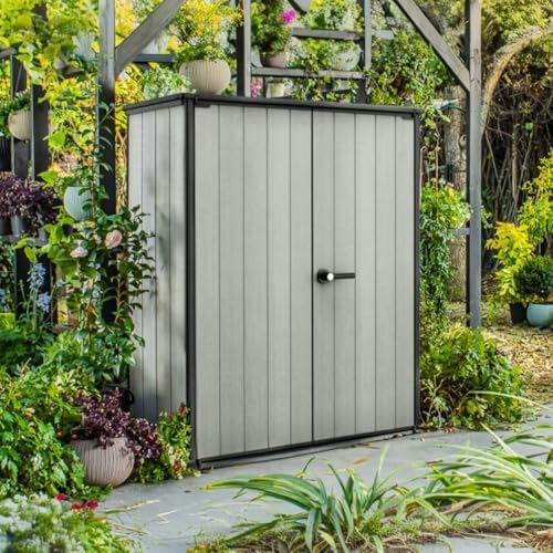 Keter Premier Tall 4.6x5.6 ft Resin Outdoor Storage Shed, Backyard Garden Shed with Shelving Brackets for Tools, Patio Furniture, Pool & Bike Storage, Grey & Black, 62 cu. ft Capacity - Image 2