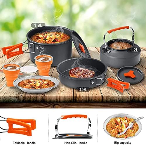 Camping Cooking Set Camping Cookware Outdoor Aluminum Mess Kit with Frying Pan, Pot with Lid, 1.2L Kettle Set and 2 Stainless Steel Plate, 2 Folding Cups and 2 Set Knives Spoons for Backpacking Picnic - Image 2