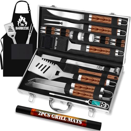 ROMANTICIST 26pcs Grilling Gifts for Men, Dad Gifts for Father's Day, Stainless Steel BBQ Grill Accessories Tools Set, Heavy Duty BBQ Utensils Kit with Apron, Thermometer, Mats in Aluminum Case Brown by ROMANTICIST
