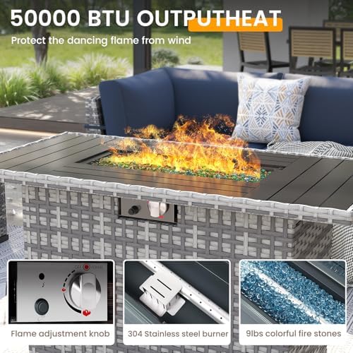 UDPATIO Patio Furniture Set with Fire Pit Table, 8 Pcs Outdoor Sectional Sofa, PE Wicker Patio Conversation Set for Garden, Backyard (Blue Cushions with Grey Rattan) - Image 3