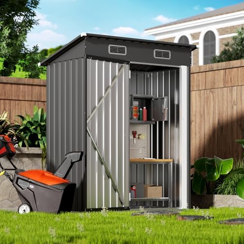 5 x 2.5 FT Lockable Metal Garden Shed, Outdoor Metal Storage Sheds Multi-Used, Vertical Outdoor Steel Storage Sheds, Compact Metal Tool Shed with Sloping Roof - Image 7
