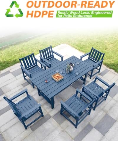 7 Pieces HDPE Outdoor Dining Set, Patio Dining Set with Umbrella Hole, All Weather Outdoor Dining Table Sets for 6, HDPE Patio Furniture Sets for Deck, Backyard, Lawn, and Poolside, Navy - Image 5