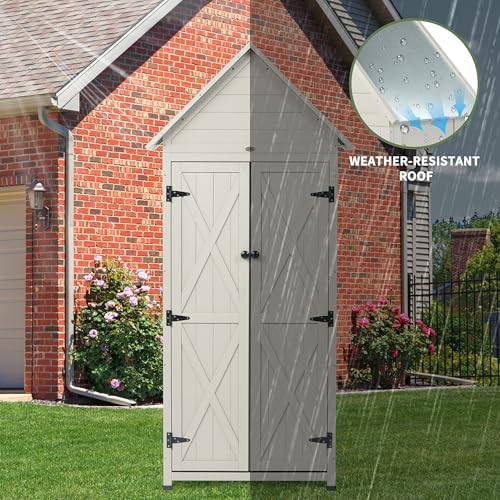 Outdoor Storage Shed with Floor & Adjustable Shelves, Wooden Garden Tool Cabinet Weatherproof, 71" Vertical Patio Organizer - Image 4