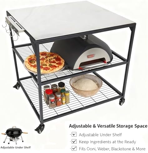 Three-Shelf Movable Stainless Steel & Steel Outdoor Dining Cart Table Pizza Oven Protable Grill and Heavy Duty Grill Cart Outdoor Table - Image 2