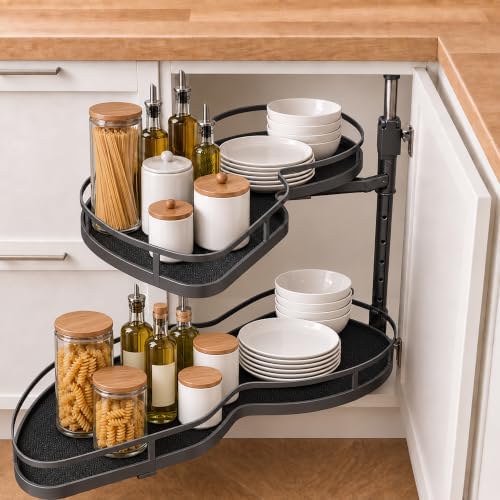 Blind Corner Cabinet Pull Out Organizer,Height-Adjustable 2-Tier Shelves by MUOLVSQ