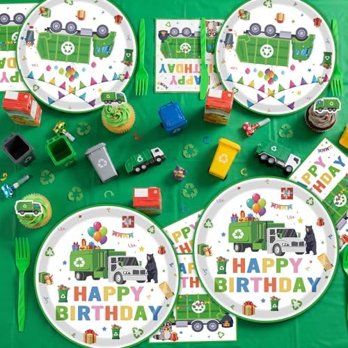 Trash Truck Birthday Party Decorations, 96PCS Garbage Truck Bday Disposable Paper Plates and Napkins Tableware Decoration, Cartoon Garbage Truck Forks Decor Supplies Serve 24 Guest - Image 5