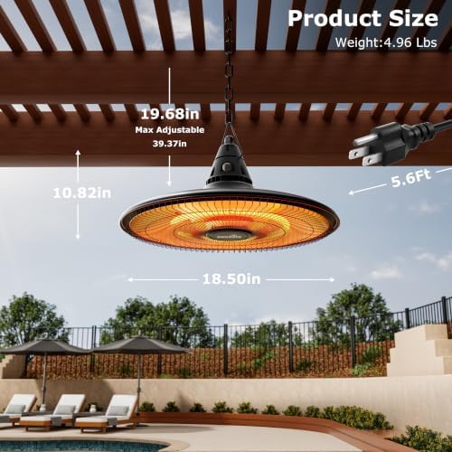 Hanging Heater, 1500W Outdoor Electric Patio Ceiling Heater with Remote Control, Infrared for Courtyard, Garage, Patio, Overheat & Tip-Over Protection, Waterproof, Black - Image 3