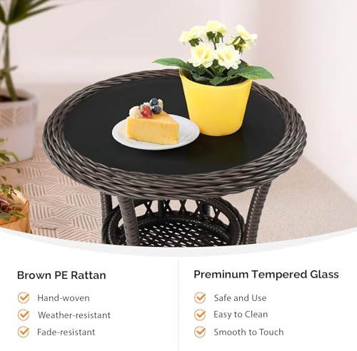 VINGLI Outdoor Wicker Side Table, Patio Side Tables for Outside Tempered Glass Top Wicker Table with Storage End Table for Balcony Porch Deck (Dark Brown) - Image 6