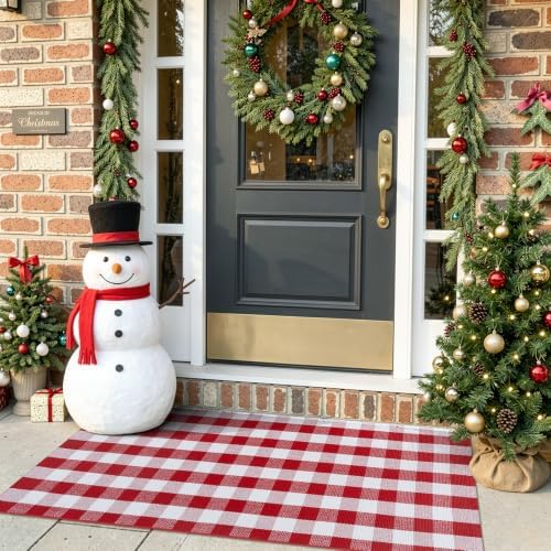 OJIA Christmas Front Door Mat 24"x51" Red and White Buffalo Plaid Porch Rug - Image 7