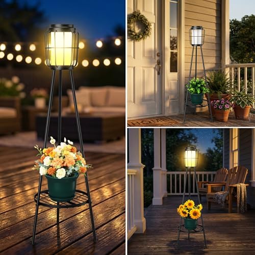 MXwcy 2 Pack Solar Lights Outdoor with Plant Stand, Waterproof Solar Floor Lamp & Tall Metal Planter Holder for Outside, Decorative Tripod Pathway Lantern for Patio, Garden, Porch, Yard Decor - Image 5