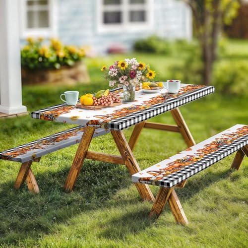 Fall Picnic Table Cover with Bench Covers, Camping Essentials, Buffalo Plaid Thanksgiving Pumpkin Waterproof Windproof, Fitted Tablecloth Cover with Elastic Edge, Indoor & Outdoor, 3 PCS, 30x96 Inch - Image 3