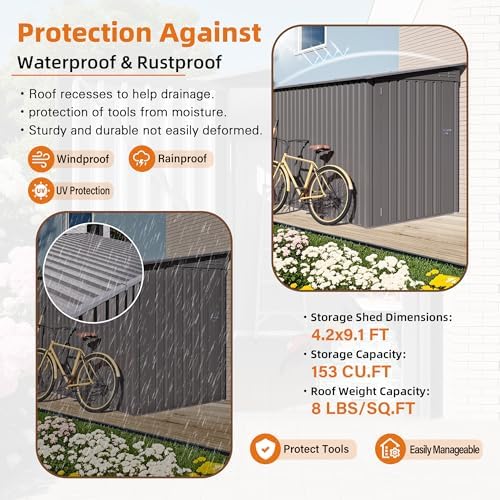 YOPTO 4x9 FT Outdoor Storage Shed,Lean to Metal Shed W/Window,All Weather Waterproof Garden Storage Shed W/ 6 Air Vents & 1 Lockable Door,Weatherproof Tool House W/Sloped Roof,for Lawn,Gray - Image 7