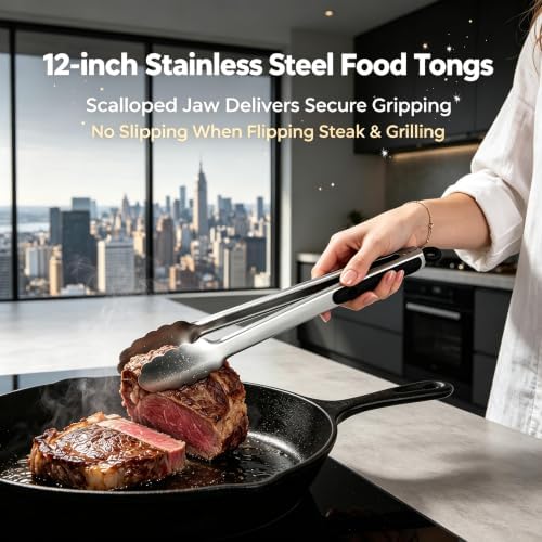 Grill Tongs, BBQ tongs - 12" & 17" Extra Long Kitchen Tong, 600 Degrees Heat Resistant Stainless Steel tong, Heavy Duty Metal Locking Tongs for Cooking, Grilling, Outdoor Barbecue, Set of 2 - Image 2