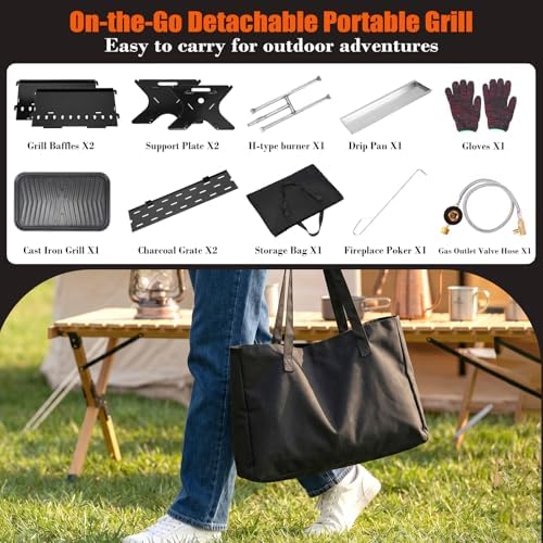 3-in-1 Portable Camping Grill, Foldable Charcoal Wood Gas BBQ - Image 6