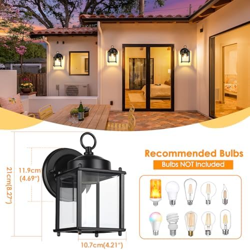 MATAMEYE Outdoor Wall Lantern, Exterior Waterproof Wall Sconce Light Fixtures, Black Front Door Wall Lighting with Clear Beveled Glass Shade, 2 Pack - Image 2