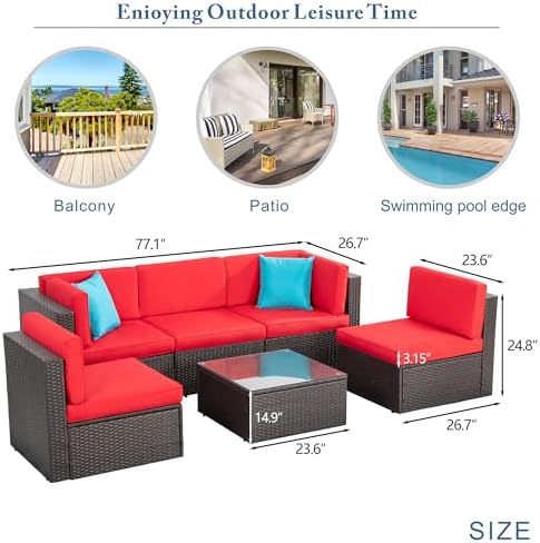 Vongrasig 6 Piece Patio Furniture Set, Small Outdoor Sectional Couch, Red - Image 2