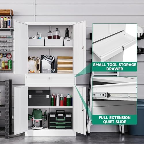 Letaya Metal Garage Storage Cabinet with Drawer,4 Door Tool Cabinet with Lock-2 Adjustable Shelves for Garage Home Office Utility Room (White) - Image 4