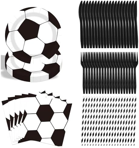 Autumn Football Games Party Supplies Set,Disposable Tableware Kit - 20 Plates, 20 Soccer Printed Napkins, 20 Forks & Knives, 20 Soccer Printed Straws, Essential for Watching Games & Gatherings(20sets) by Unknown