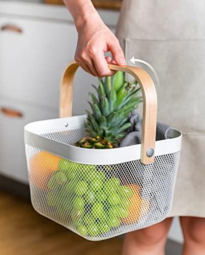Mesh Steel Storage Organizer Basket Fruit Basket Bin with Wood Handle Ideal for Kitchen Bathroom Picnic Baskets Pantry Cabinets Storage Home Decor (Pink) - Image 5