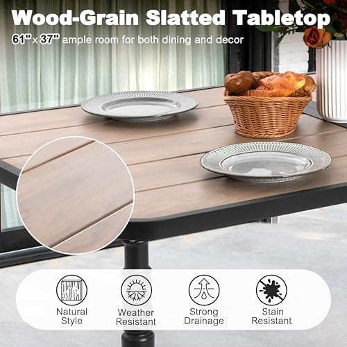 NUU GARDEN Patio Dining Table for 6, 61” x 37” Large Rectangle Metal Table with Wood-Grain Tabletop, Outdoor Table with 2.1” Umbrella Hole for Backyard, Lawn, Garden, Black - Image 5