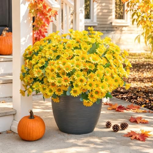 Daisy Artificial Flowers for Outdoors Fall Autumn Decoration, 6 Bundles Fake Mums Yellow Silk Flowers for Outside Look Real UV Resistant Faux Flowers Plants for Planter Front Door Home Indoor Porch - Image 3