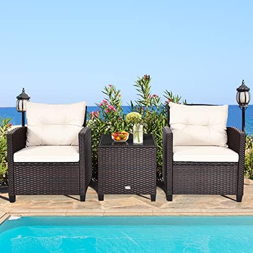 RELAX4LIFE 3 Piece Patio Furniture Set, Wicker Bistro Conversation Set w/ 2 Cushioned Armchairs & Glass Topped Table, Outdoor Rattan Sofa for Porch Balcony Poolside (White) - Image 2