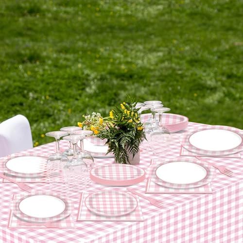 98 Pieces Pink checkered Party Supplies for 24 Guests Pink and White Checkered Tableware Set Plaid Plates Napkins Tablecloth Party Decorations for Birthday Barbecue Picnic Dinner Favors - Image 5