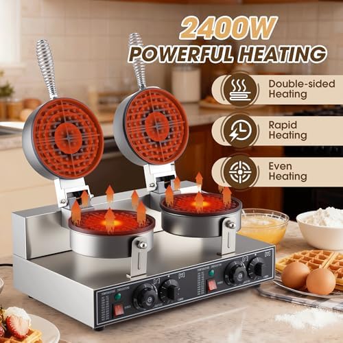 Commercial Waffle Maker, 2400W Waffle Iron, Professional Waffle Baker Machine with Temp and Time Control, Non-Stick Baking Pan Stainless Steel for Restaurant Bakeries Kitchen Home - Image 4