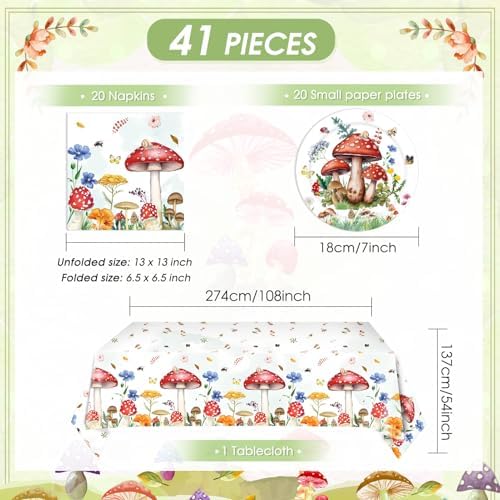 41Pcs Mushroom Birthday Decorations Enchanted Forest Party Tableware Set Wonderland Wildflower Mushroom Paper Plates Napkins Tablecloth丨Baby Shower Fairy Tale Party Cottagecore Party Decor,Serve 20 - Image 2